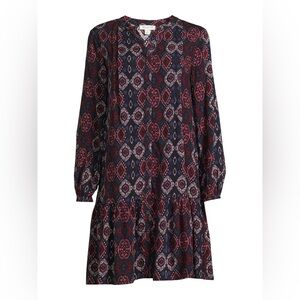 Beachlunchlounge Burgundy and Navy Patterned Long Sleeve Mini Dress Size Small